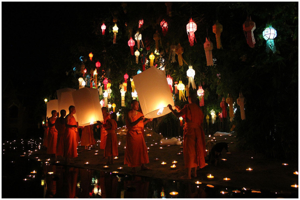 Releasing lanterns for Loy Krathong